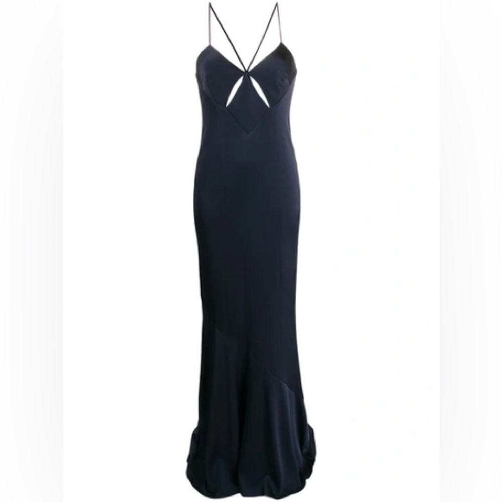 Galvan London diamond cut out, satin crepe, floor length dress size 8 navy NEW